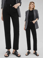 New Women's High-Quality Raw Edge Hem Slim Fit Straight Leg Jeans, Multi-Pocket, Button Design, Women's Jeans & Apparel