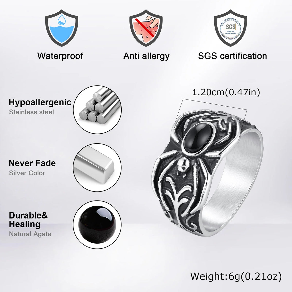 Vintage Punk Men's Spider Signet Ring,Stainless Steel Natural Stone Black Onyx Ring Jewelry Accessory Gift for Him
