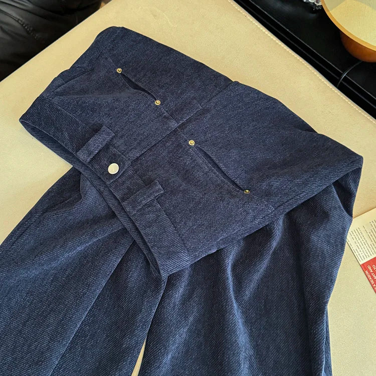 Deep blue wide leg casual pants women's autumn and winter 2025 new loose thick fashion versatile striped straight leg pants