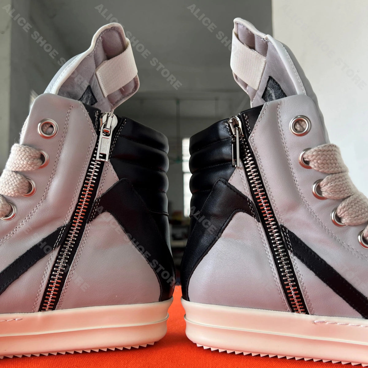PENDRA Shadowline Grey Black Leather High-Top Zip Thick-Sole Ankle Boots