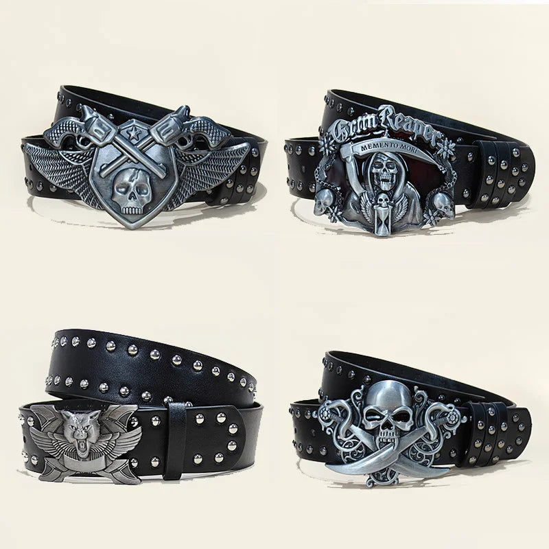 Unisex Desinger Belts For Women and Men High Quality Luxury Brand Punk Black Rivet Jeans Belt Skull Wolf Buckle Gothic Waistband
