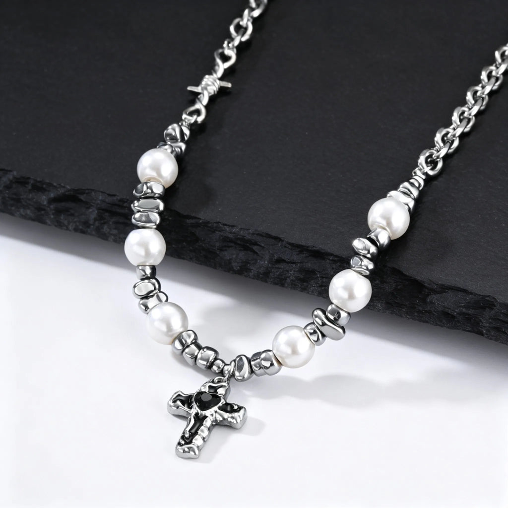 PENDRA Cross Pearl Beaded Necklace