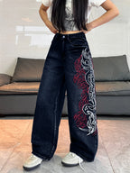 American Retro Two-Color Totem Embroidered Women's Loose Wide-Leg Jeans Y2K Trendy Street Fashion Versatile High-Waisted Trousers