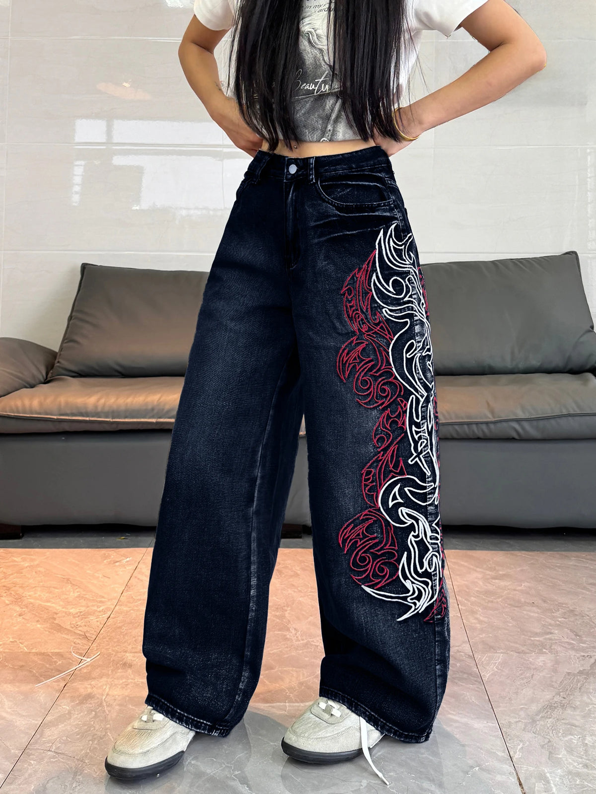 American Retro Two-Color Totem Embroidered Women's Loose Wide-Leg Jeans Y2K Trendy Street Fashion Versatile High-Waisted Trousers