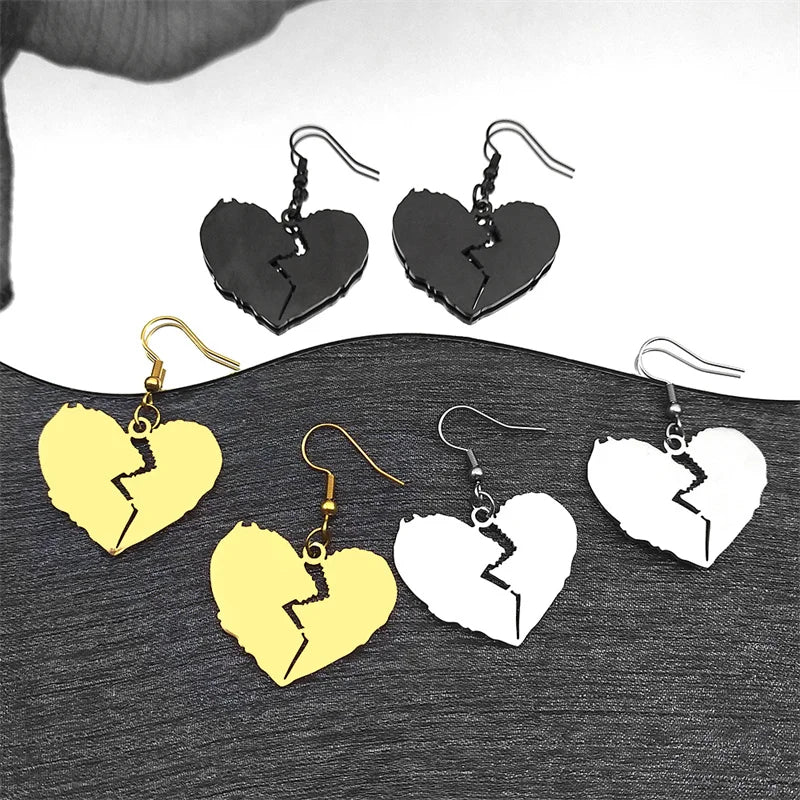 Gothic Style Broken Heart Dangle Earrings for Women Stainless Steel Gold Black Color Cool Girl Charm Party Drop Earrings Jewelry
