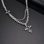 Hip Hop Cross Necklace for Men Boys,Fused Irregular 4-point Star Pendant with Splicing Collar,Cool Trendy Jewelry Gifts