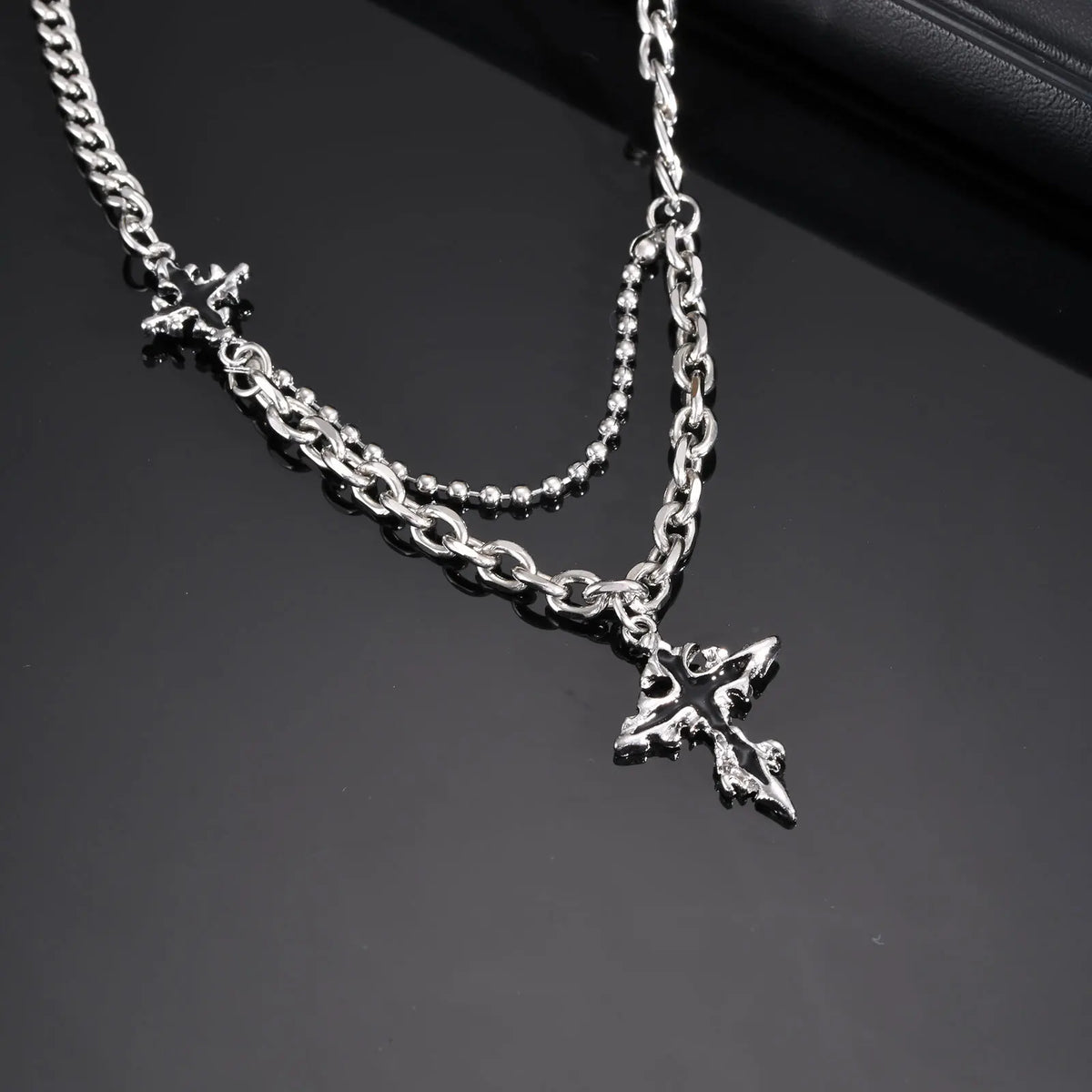 Hip Hop Cross Necklace for Men Boys,Fused Irregular 4-point Star Pendant with Splicing Collar,Cool Trendy Jewelry Gifts
