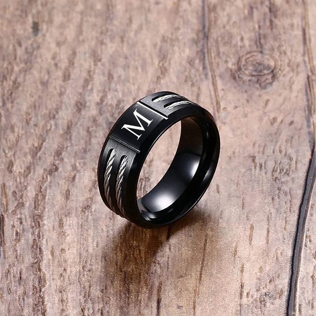 Stylish Black Mens Initial Ring, Waterproof Stainless Steel A-Z Letter Wedding Bands for Male Boys Finger Gift Jewelry
