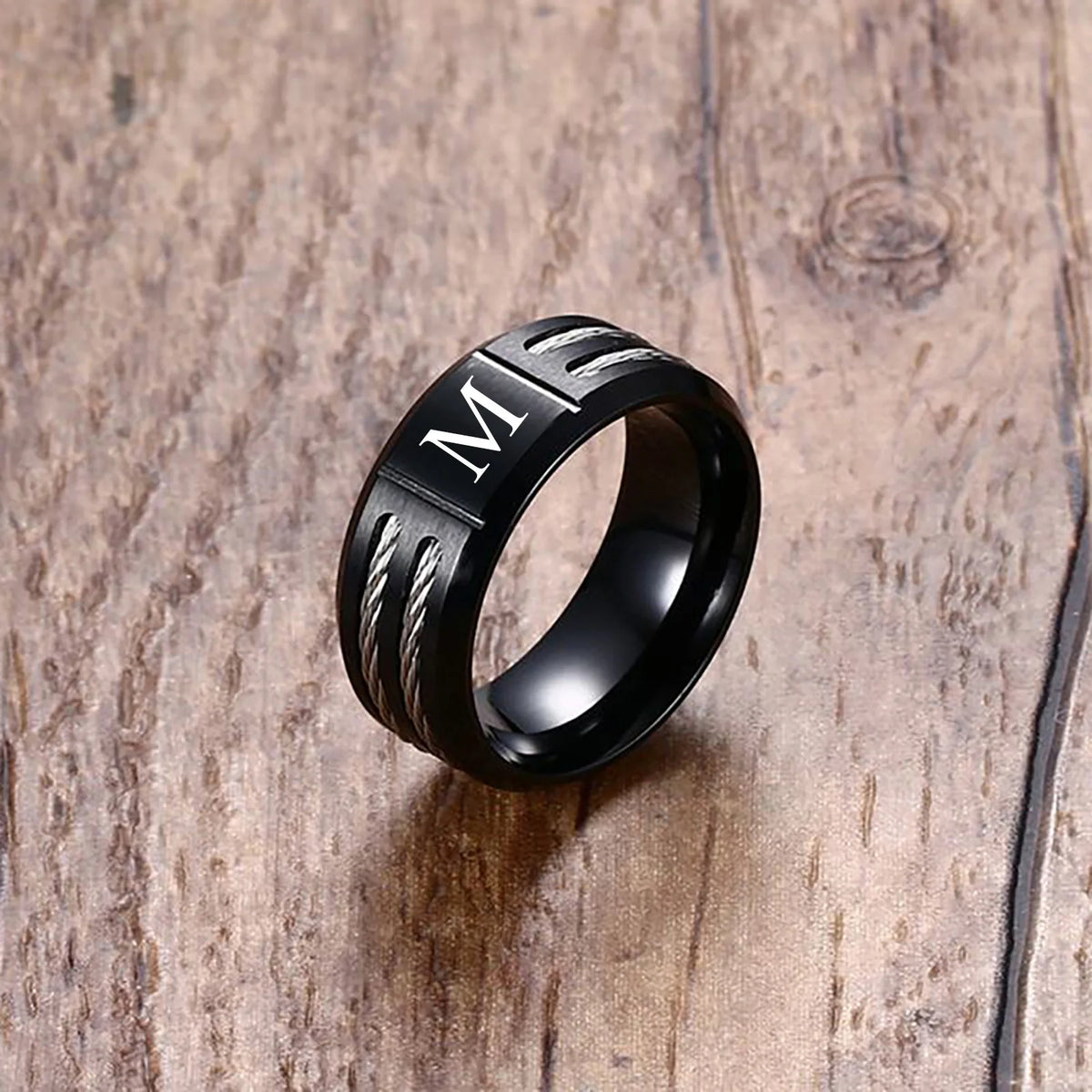 Stylish Black Mens Initial Ring, Waterproof Stainless Steel A-Z Letter Wedding Bands for Male Boys Finger Gift Jewelry