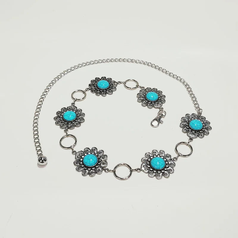 New Bohemian Coin Exaggerated Big Turquoise Waist Chain for Women Retro Ethnic Style Alloy Dance Waistband Female Body Jewelry