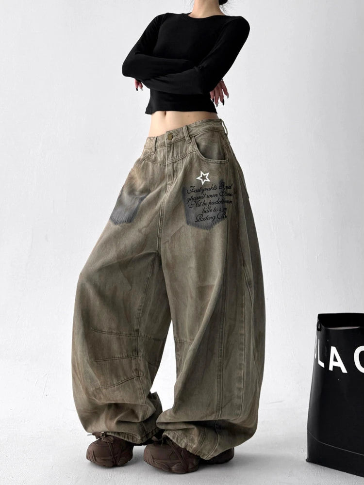 Street dance hip-hop jeans women's 2025 autumn new high waist slimming loose and lazy style casual fashion pants