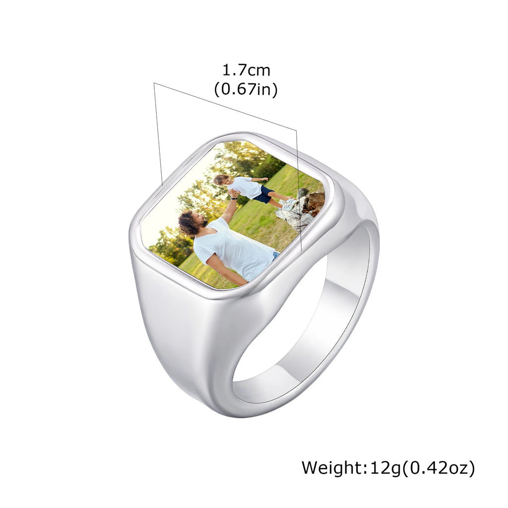 Custom Photo Ring for Men,Waterproof Stainless Steel Square Round Stamp Ring,Personalized Statement Ring Gift for Son Dad