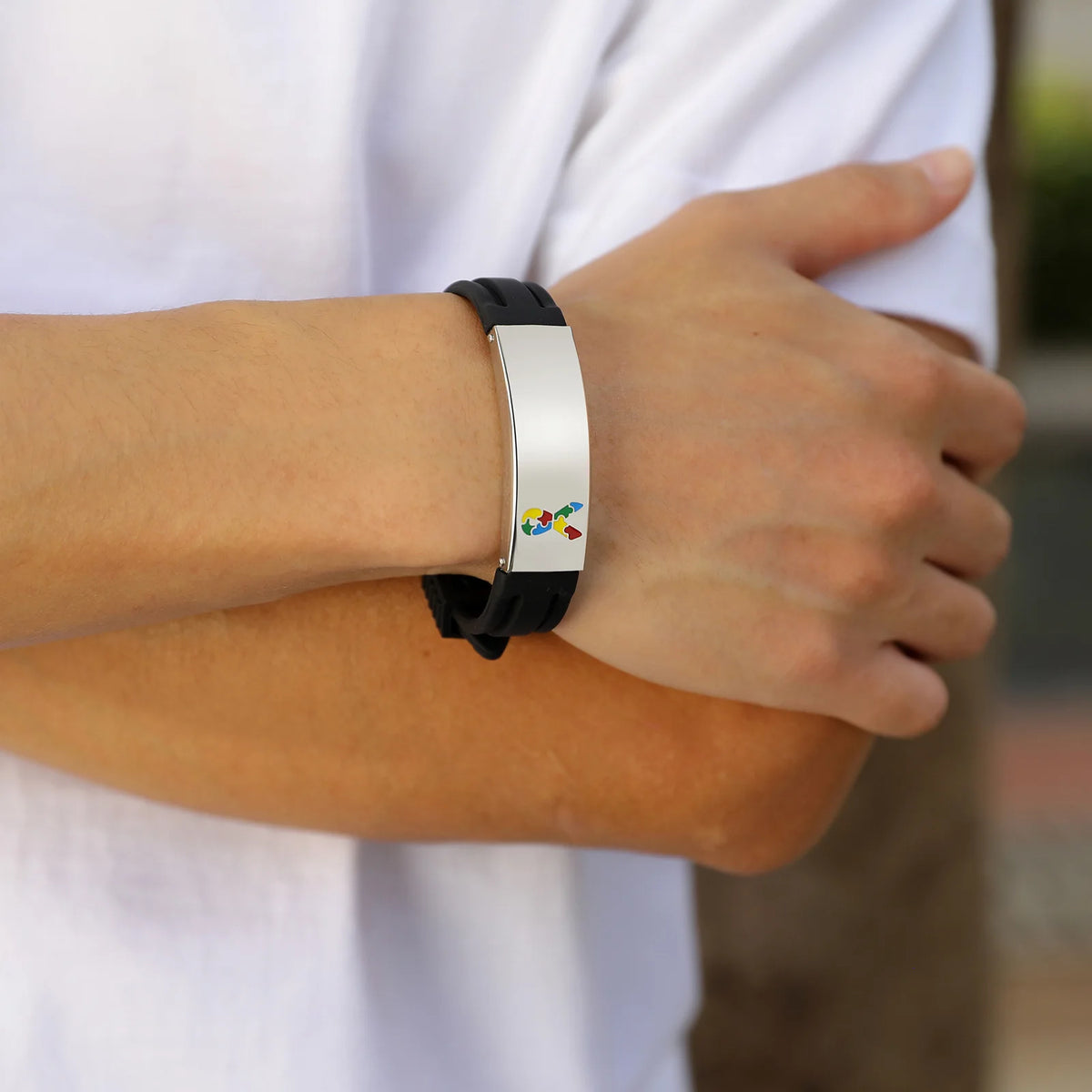 Mprainbow Wide Autism ID Bracelets for Men Boys,Free Customize Black Silicone Band Wristband,Add ICE Emergency Contact