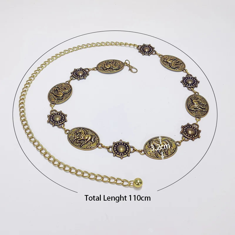 Western Cowboy Cowgirl Horse Waist Chain Vintage Boho Chain Belts Adjustable Body Jewelry Dress Girdle For Women daily Party use