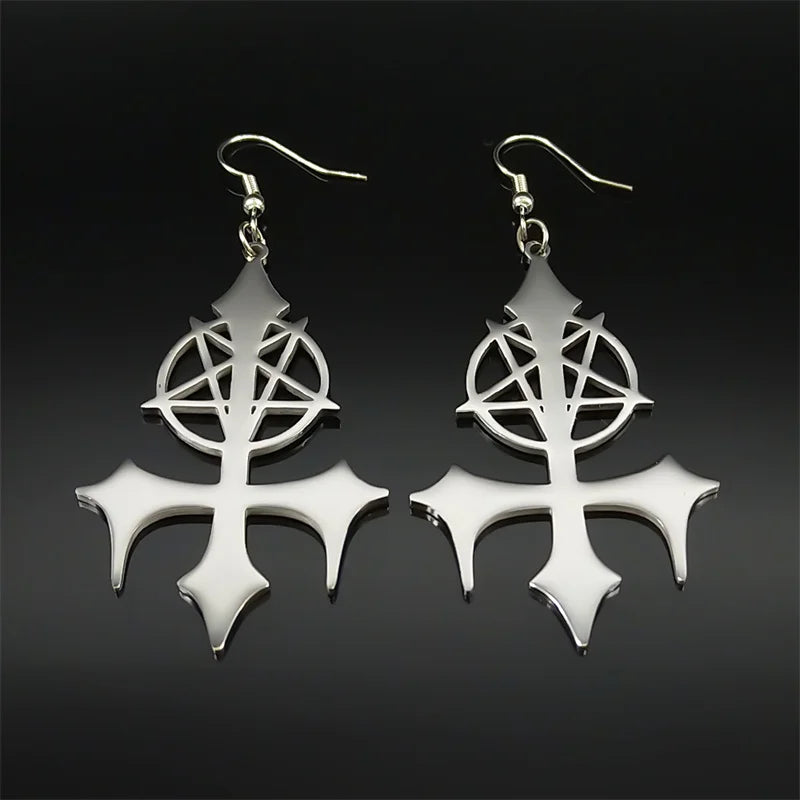 Goth Pentagram Sigil Satan Cross Hoop Earrings for Women Stainless Steel Silver Color Big Lucifer Star Earrings Jewelry