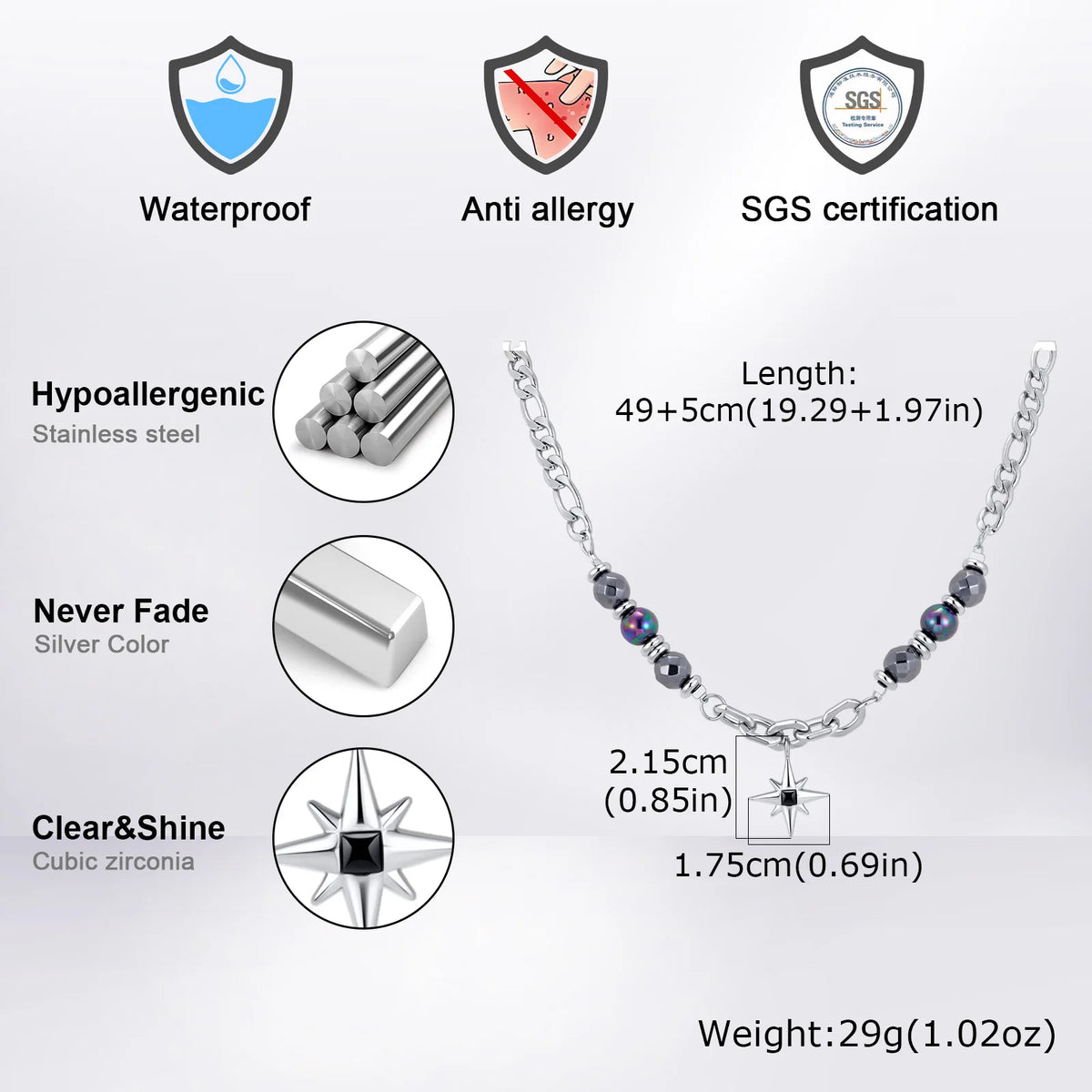 Hiphop Star Cross Chain Necklaces for Men Boys,Stainless Steel Punk Double Layers Chain Collars,Unisex Jewelry