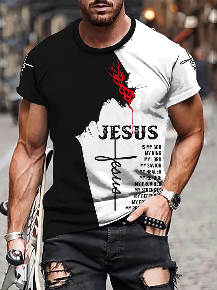 PENDRA Jesus Print Loose Comfortable Short-Sleeve God Bless You T-Shirt