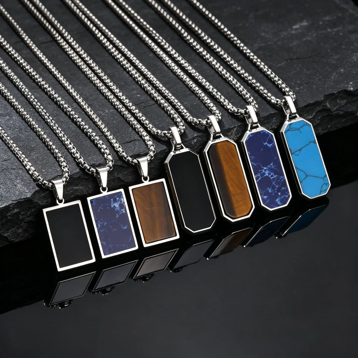 Natural Stone Square Men's Necklace,Waterproof Stainless Steel Geometric Pendant Necklace,Trendy Birthday Jewelry Gift
