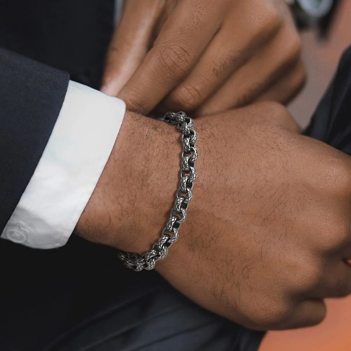 Chunky Belcher Round Chain Bracelets for Men Boys,Embossed Stainless Steel Braided Chain Wristband,Punk Jewelry Gifts