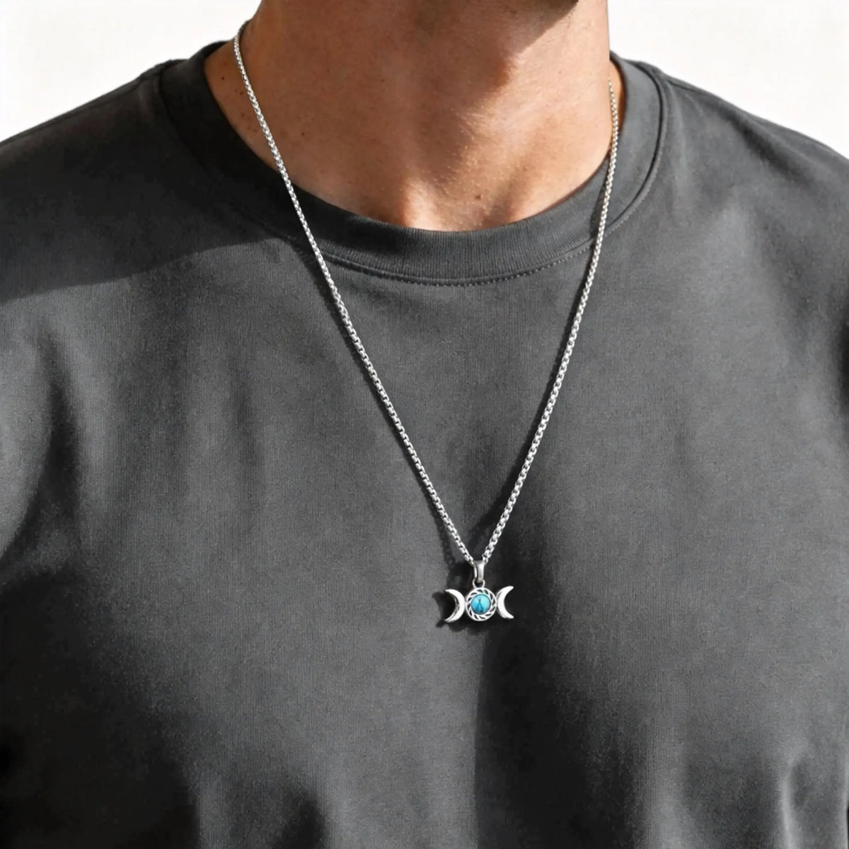 Viking Trinity Knot Natural Stone Necklace for Men,Stainless Steel Turquoise Triple Moon Goddess Necklace,Lucky Amulet Jewelry