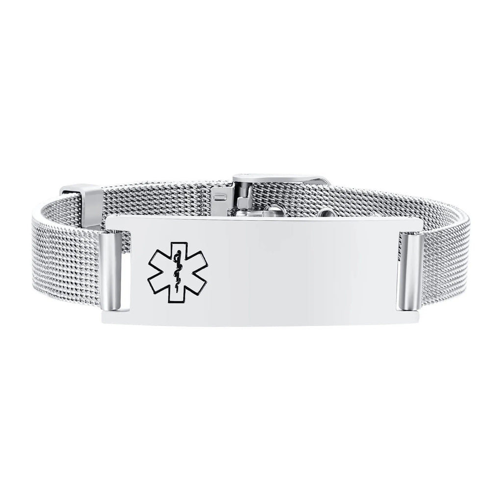Free Personalized Medical Alert ID Bracelets for Men, Waterproof 10mm/16mm Wide Stainless Steel Mesh Band Wristband ICE Jewelry