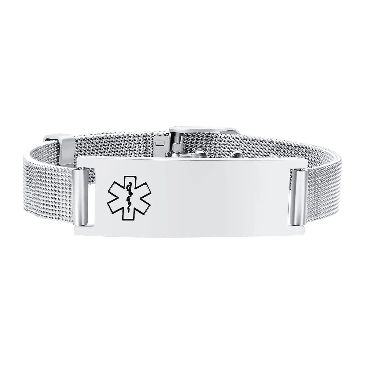 Free Personalized Medical Alert ID Bracelets for Men, Waterproof 10mm/16mm Wide Stainless Steel Mesh Band Wristband ICE Jewelry