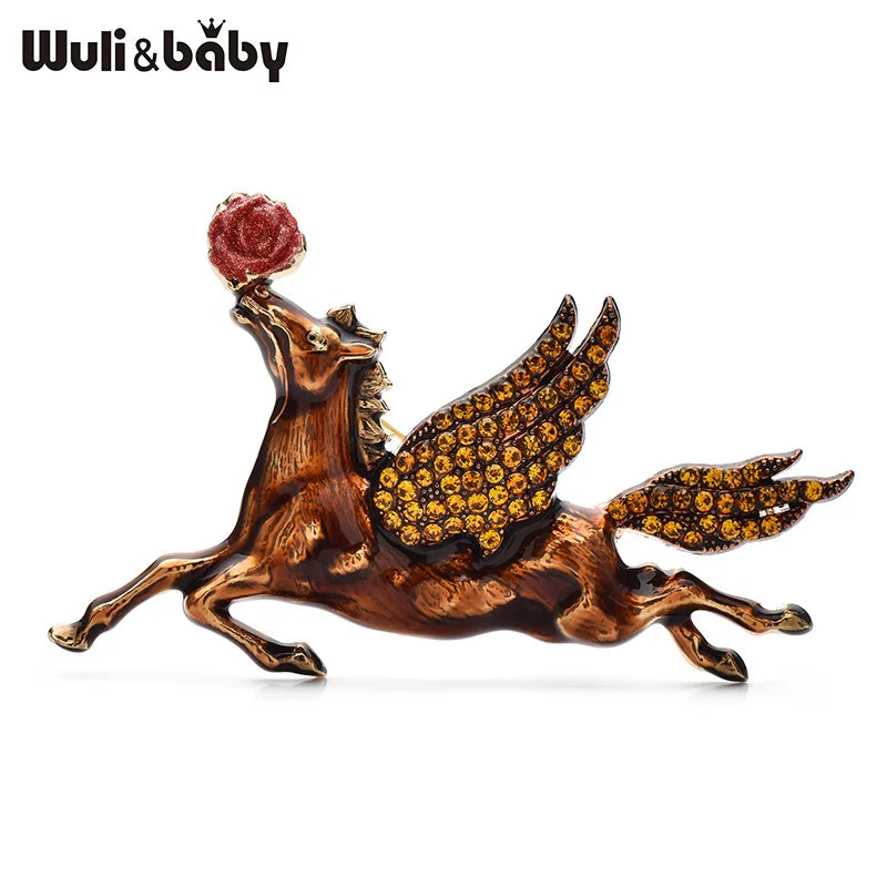 Wuli&baby Taking Rose-flower Horse Brooches 4-color Enamel Fly Running Horse Animal Brooch For Women's Clothes Pins Gifts