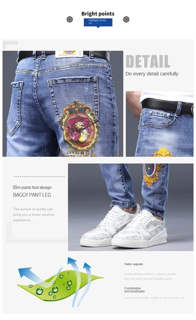 Spring Autumn Harajuku Fashion Art Craft Graphical Paintings 2000s Streetwear Male Slim Boyfriend Stylish Pants Denim Jeans Men
