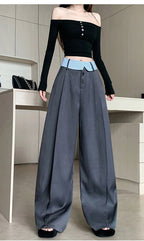Suit wide leg pants women's autumn and winter striped patchwork high waisted casual fashion versatile straight leg pants