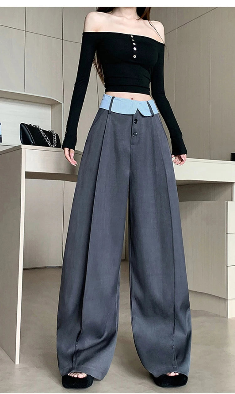 Suit wide leg pants women's autumn and winter striped patchwork high waisted casual fashion versatile straight leg pants
