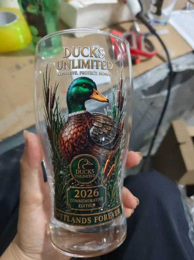 Vintage Ducks Unlimited Style Duck Print Clear Glass Cup Hunting Wildlife Themed Tumbler For Beer Coffee Bar Decor