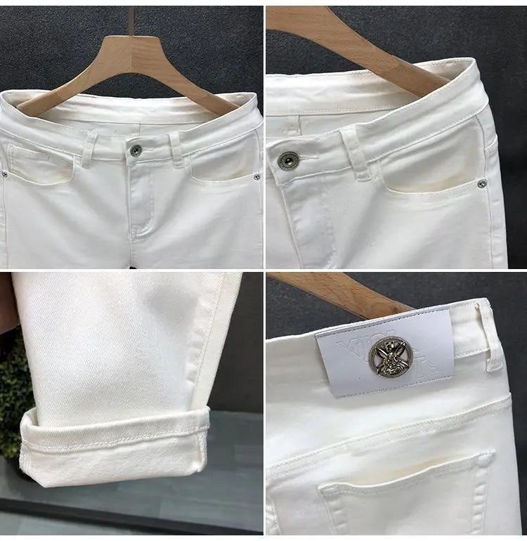 High-Quality Korean Street Men's Slim Jeans for Spring and Autumn with Denim Fabric and Casual Solid White Black Punk Trousers