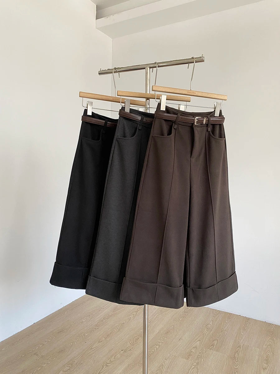 Retro design with rolled edge high waist casual pants 2025 autumn new slim fit and versatile wide leg pants for women