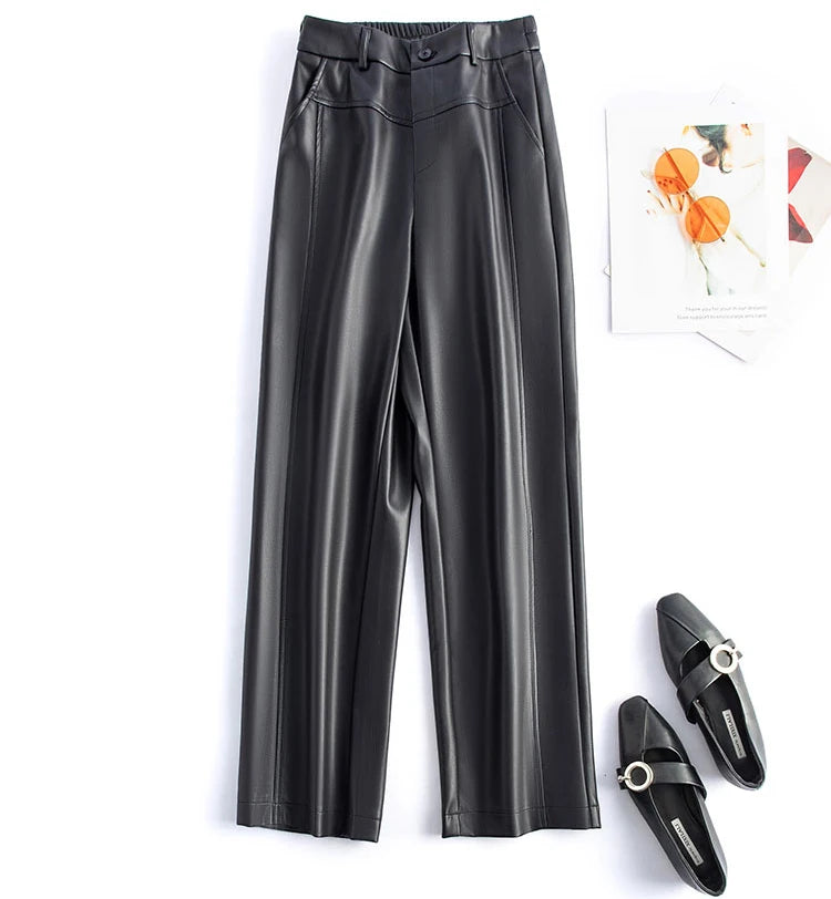 2025 autumn and winter new style leather pants elastic high waisted slim fit commute straight leg pants for women