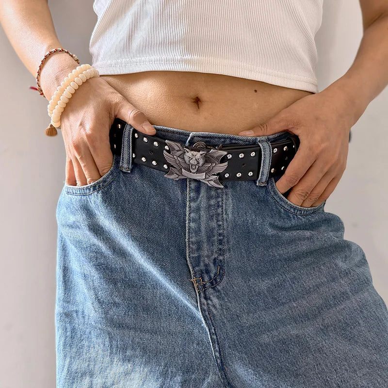Unisex Desinger Belts For Women and Men High Quality Luxury Brand Punk Black Rivet Jeans Belt Skull Wolf Buckle Gothic Waistband