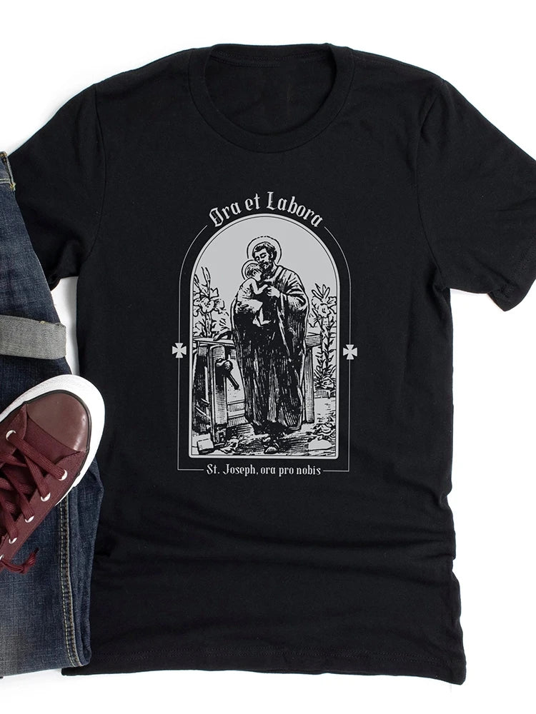 St. Joseph Tee "Ora Et Labora" Latin For "pray And Work" Men's Short Sleeve Tee Catholic T Shirts For Men Men's Casual T-shirt