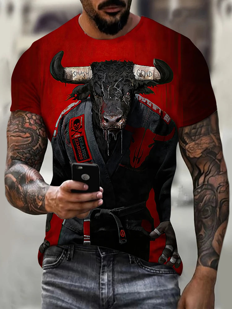 Summer Daily Casual Men's T-shirt Urban Fashion Men's Short-sleeved Outdoor Sports Fitness Training Tee Bull Print Men's T-shirt