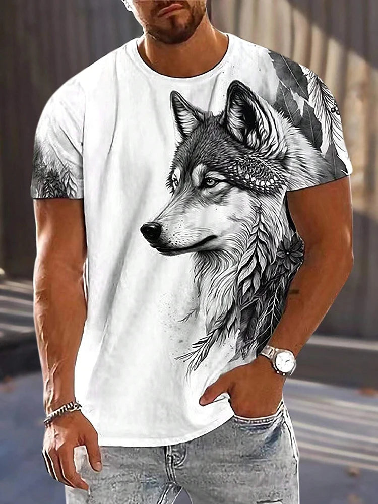 Summer Street Fashion T-shirt Urban Everyday Casual Short-sleeved Top Outdoor Camping Sports T-shirt 3D Wolf Print Men's T-shirt