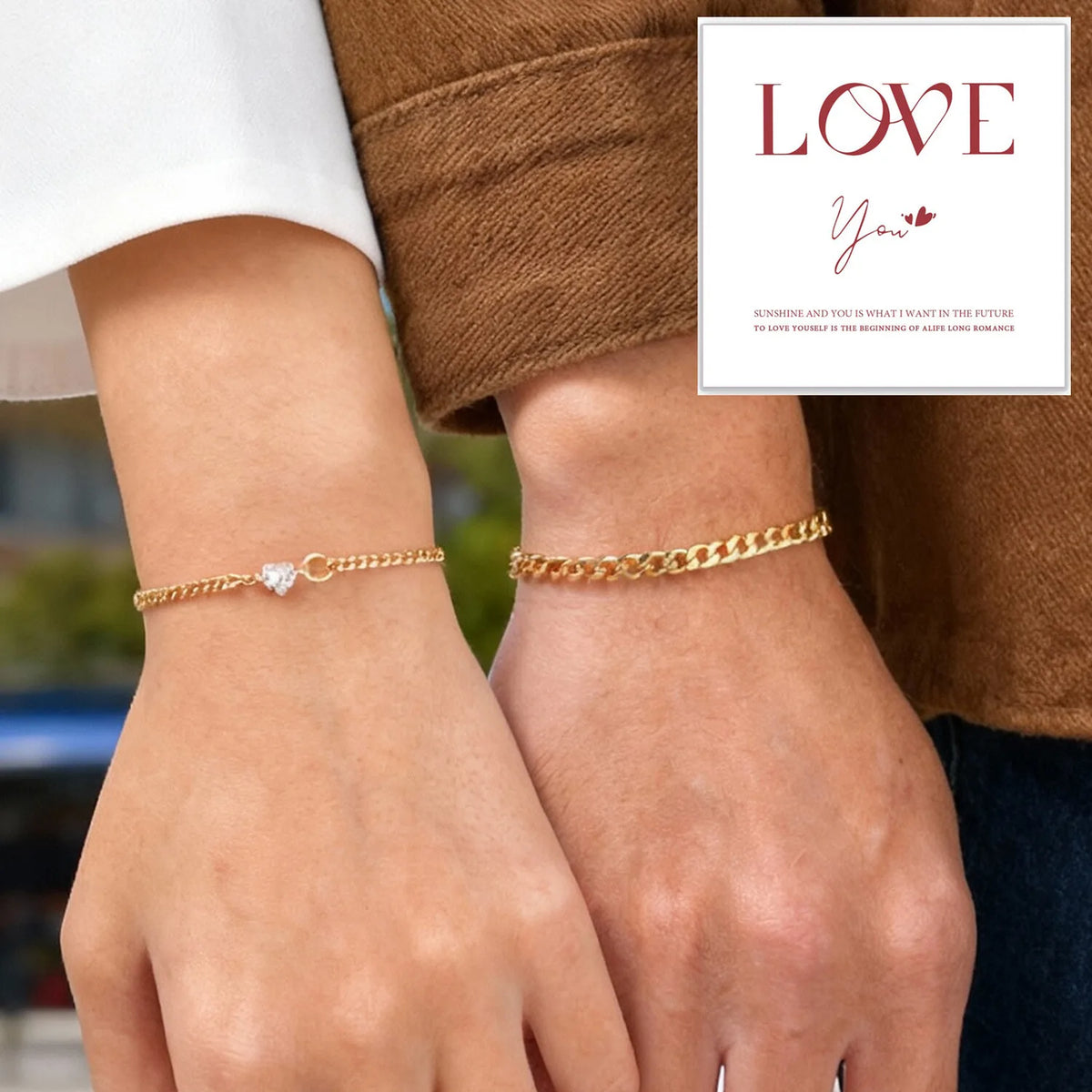 Gold Color Chain Bracelet for Couple Women Men,Stainless Steel Heart Shape Zircon Adjustable Wristband,Valentine's Day Gift