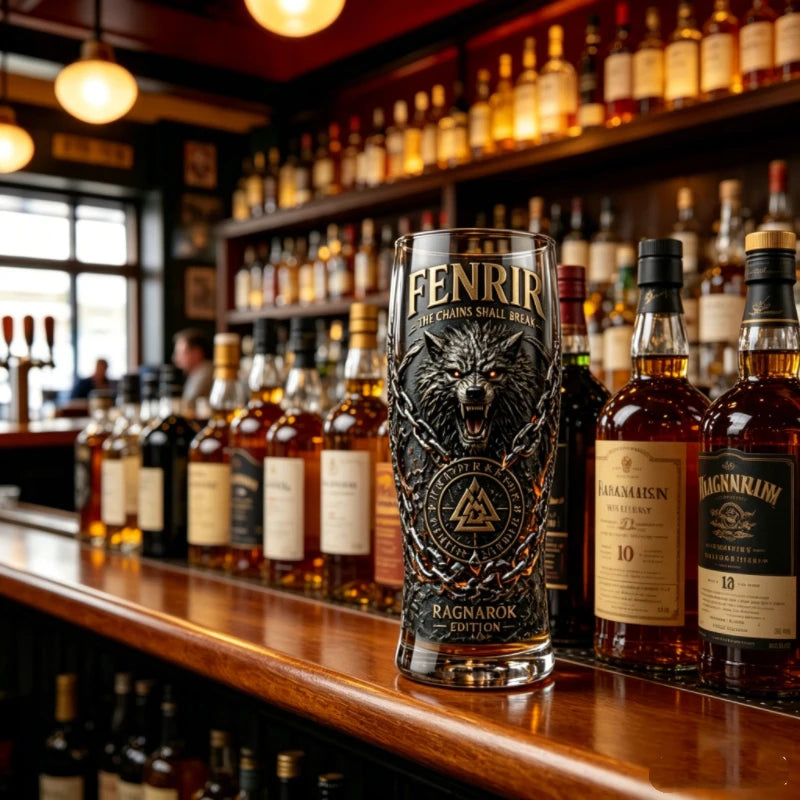 Fenrir Wolf Viking Myth Glass Mug, Norse Symbol Whiskey Cocktail Cup, Barware for Party Beer Water Decor