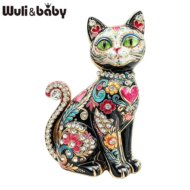 PENDRA Painted Enamel Rhinestone Cat Brooch