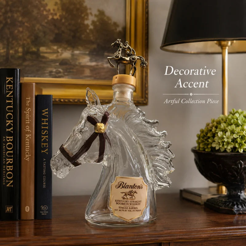 Blanton's Horse Head Shaped Crystal Whiskey Decanter, Bronze Horse Rider Stopper Liquor Bottle, Kentucky Bourbon Spirits Storage