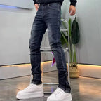 High-end 2026 Dark Blue Foot Zipper Jeans Men's Slim-fitting Small Straight Trendy Fashion Elastic Cargo Casual Trousers Male