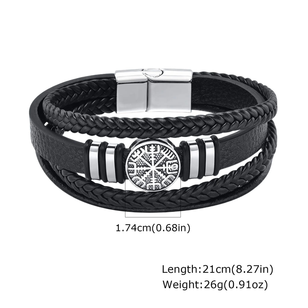 Men Multilayer Braided Leather Bracelets,Vintage Viking Compass Shape Metal Charm Wristband,Punk Stackable Bangle Jewelry Gift