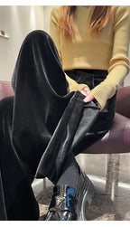 Black Gold Velvet Wide Leg Pants Women Winter Velvet High Waist Drop Feel Straight Tube Versatile Casual Floor Pants
