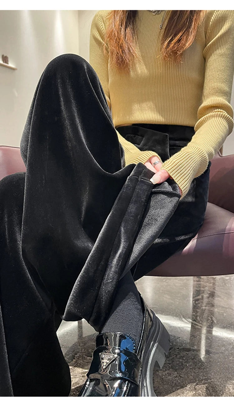 Black Gold Velvet Wide Leg Pants Women Winter Velvet High Waist Drop Feel Straight Tube Versatile Casual Floor Pants