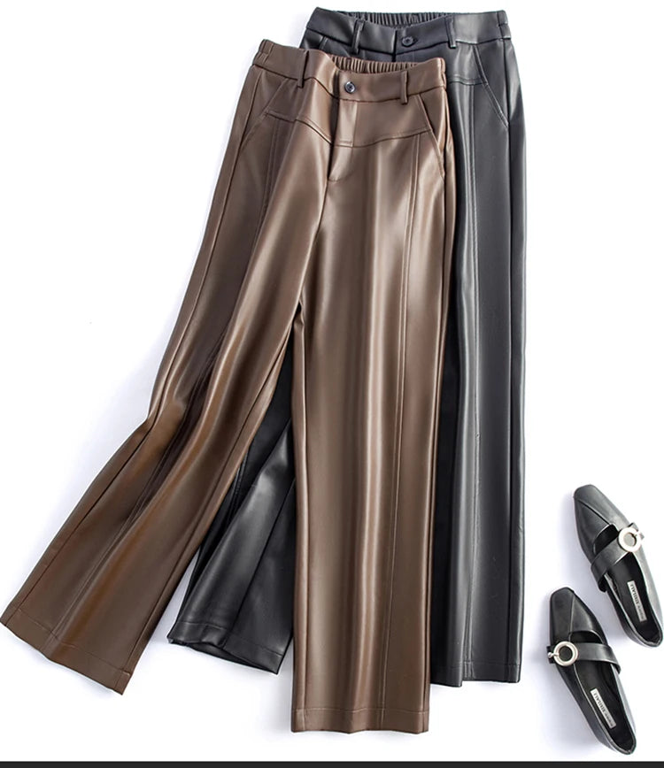 2025 autumn and winter new style leather pants elastic high waisted slim fit commute straight leg pants for women