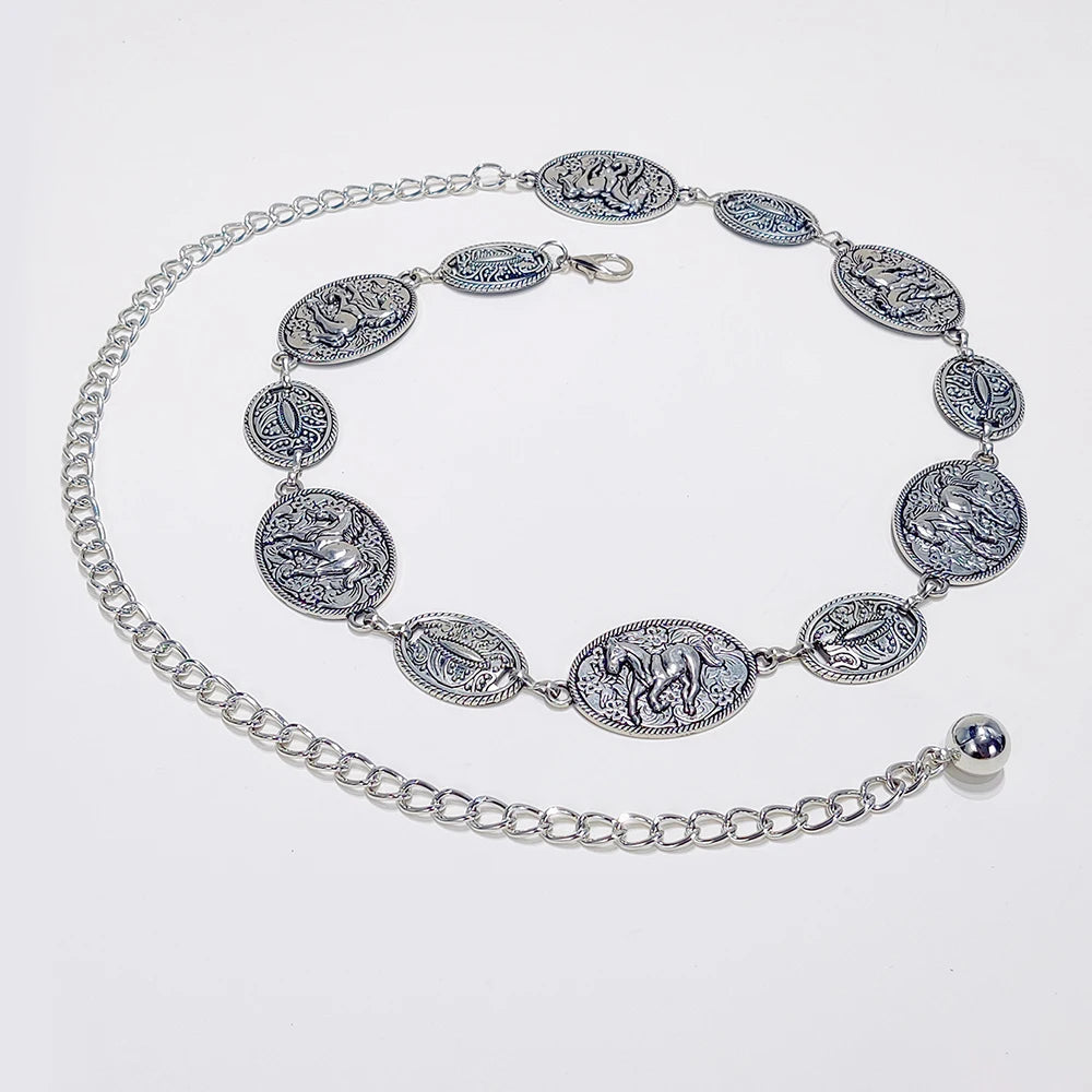 Western Cowboy Cowgirl Horse Waist Chain Vintage Boho Chain Belts Adjustable Body Jewelry Dress Girdle For Women daily Party use