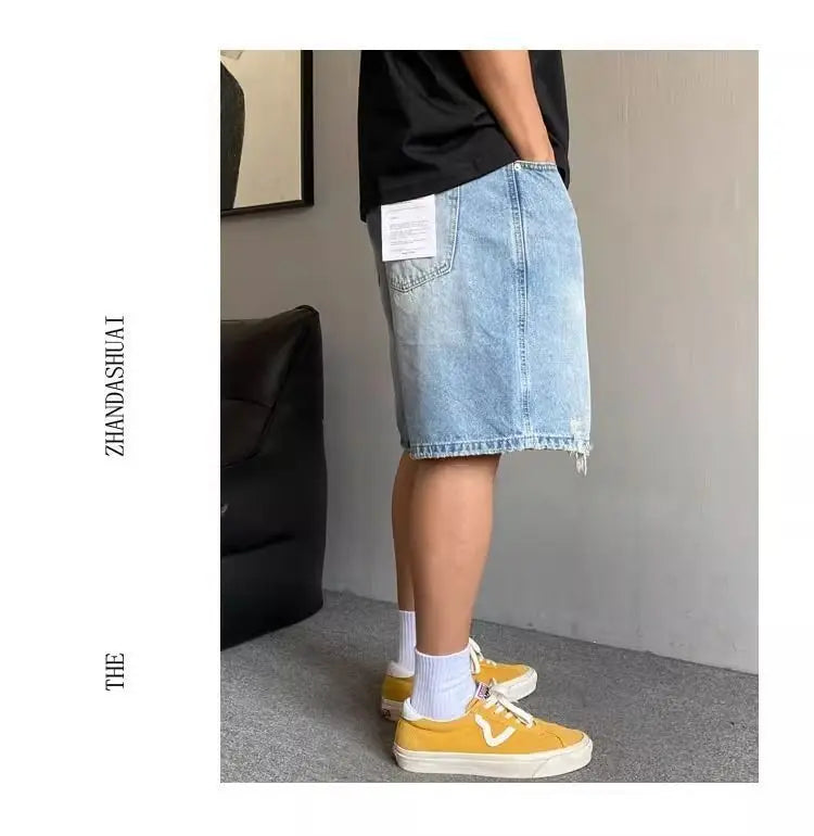 Fashion 2026 New Retro Personalized Ripped Denim Shorts Men's Summer Trendy Brand Ruffian Handsome Straight Baggy Medium Pants