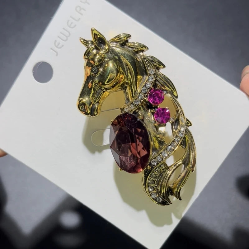 Wuli&baby Vintage Horse Head Horsehair Brooch Pins Crystal Animal Badge Women Jewelry Accessory Gift